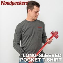The Woodpeckers crimson long sleeve pocket t-shirt with the Woodpeckers flag logo on a white background. 