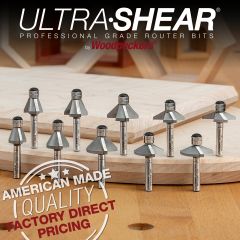 2-flute and 3-flute Chamfer Bits shown with examples of mitered joints and decorative profiles.
