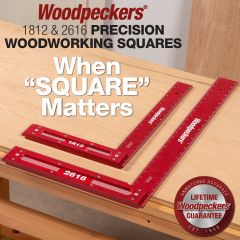 Woodpeckers 1812 and 2616 Precision Woodworking Squares resting on a mahogany board.