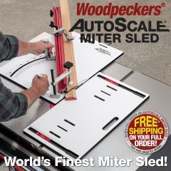 Using the AutoScale Miter Sled and Drop Zone to cut a 45-degree miter on a long piece of cherry trim.
