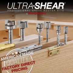 Ultra-Shear 1/2" Hinge Mortising Bit in router with 5/8" template guide bushing.