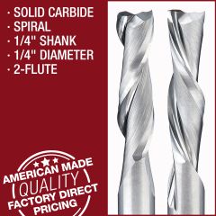 1/4" Diameter Solid Carbide Spiral Router Bits, 2-Flute, 1/4" Shank