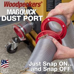 Connecting the planer to dust collection using the two in-line MagQuick dust ports with a dust port installed on the jointer in the background.