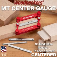 MT Center Gauge resting on a board with finished mortise and tenon cuts strewn on the workbench.