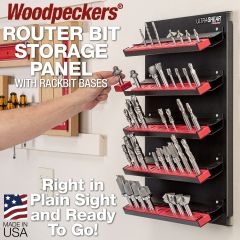 Router Bit Storage Panel filled with router bits mounted to shop wall.