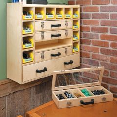 SN11224 This Hardware Cabinet gives you 12 cubbies, four removable trays, and a large drawer to organize your pieces and parts.