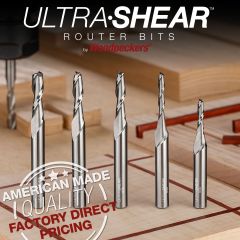 1/4" shank, reduced diameter spiral router bits in 5mm, 7/32", 3/16" and 1/8" displayed with finished inlay and dovetail projects. 
