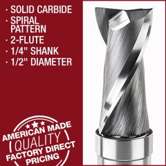 Solid Carbide Compact Spiral Pattern Router Bits, 2-Flute, 1/4" Shank
