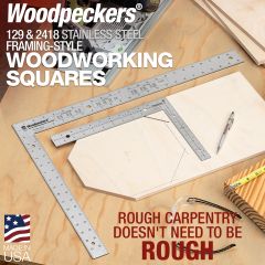 Both Framing-Style Woodworking Squares sitting on a table amongst tools.