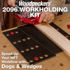 Cutting a domino in the end of a workpiece while using the 2096 Workholding kit to secure the workpiece.