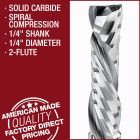 1/4" Diameter Solid Carbide Compression Router Bits, 2+2 Flute, 1/4" Shank