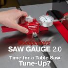 Saw Gauge 2.0 measuring gap between miter slot and saw blade at rear of blade.